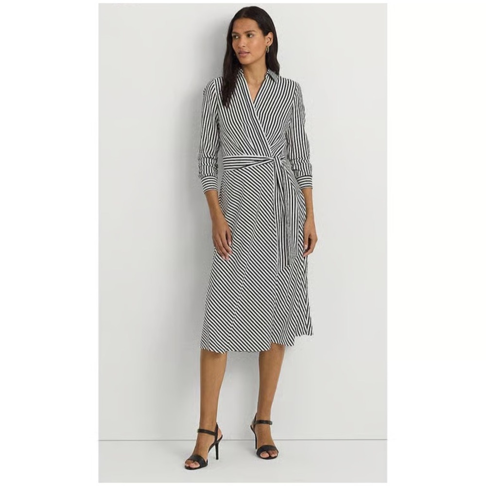 Lauren Ralph Lauren Striped Surplice Crepe MIDI Dress Cream / Black Size 4 NEW
